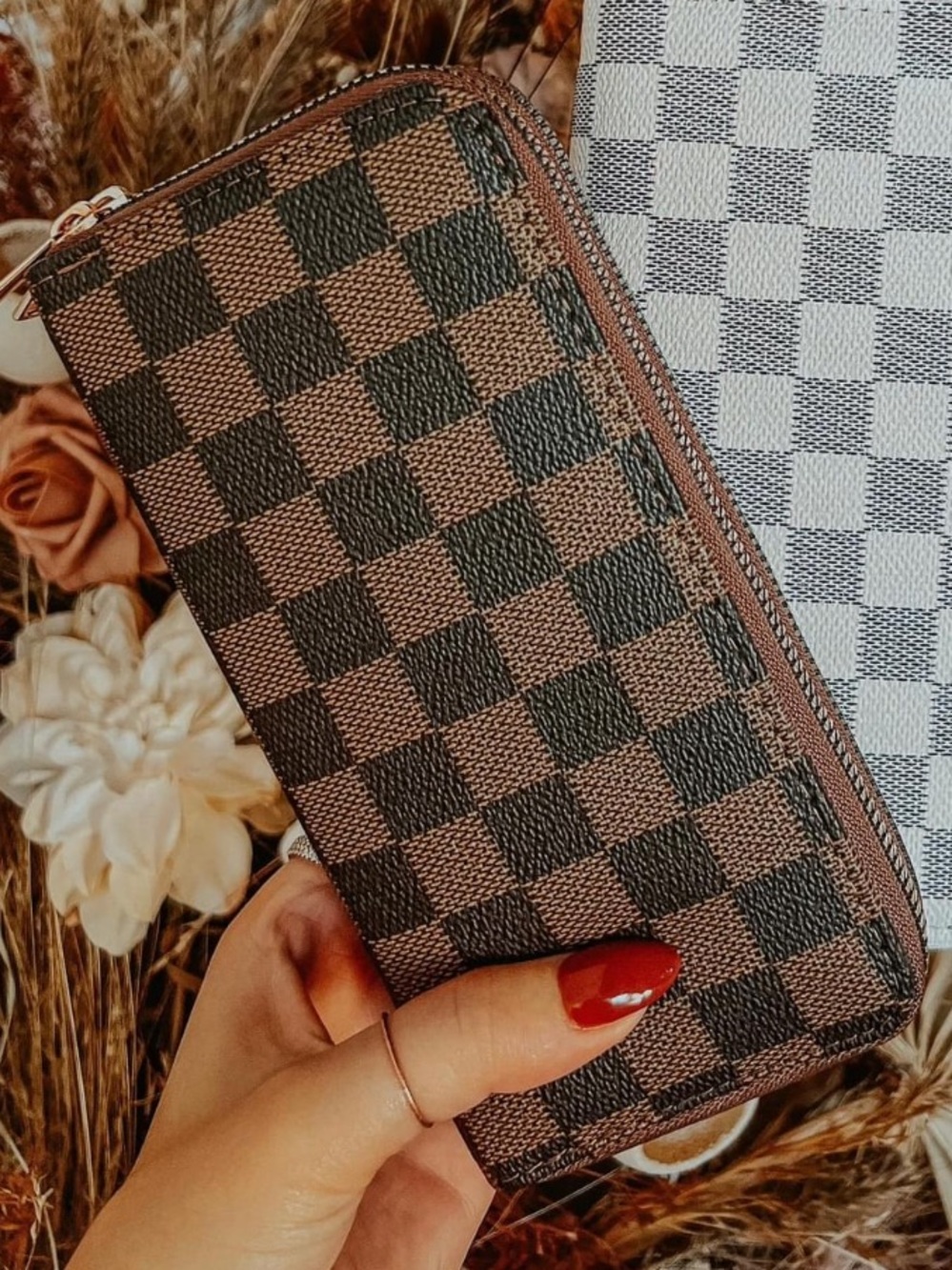Checkerboard Zip Wallet - Brown